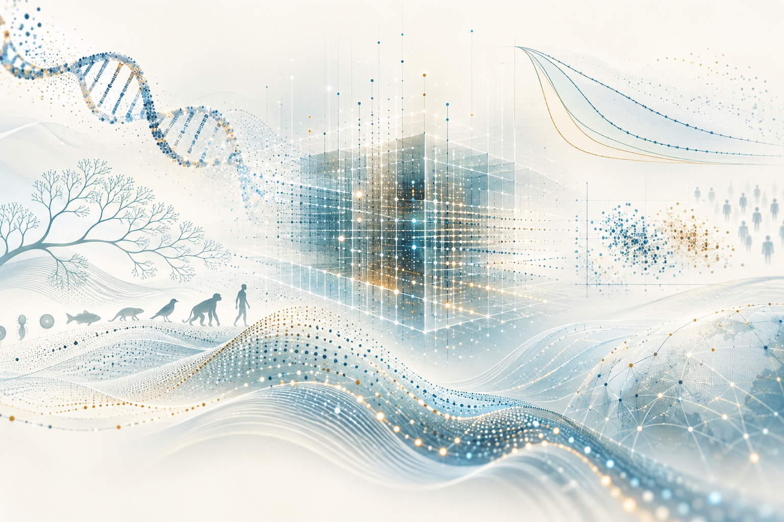 Conceptual illustration of computational life science, with DNA, evolution, survival curves and clinical data surrounding a central computational science motif.